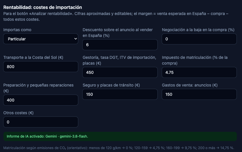 Import costs: every figure is editable.