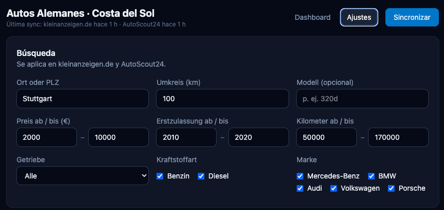 Fully configurable search: brand, model, city, mileage, year, price, fuel and gearbox.